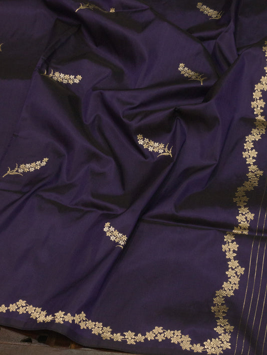 Purple Navy Pure Katan Silk Handloom Kadhwa Saree with Narrow Scallop Border & Gold Silver Floral Zari Buti