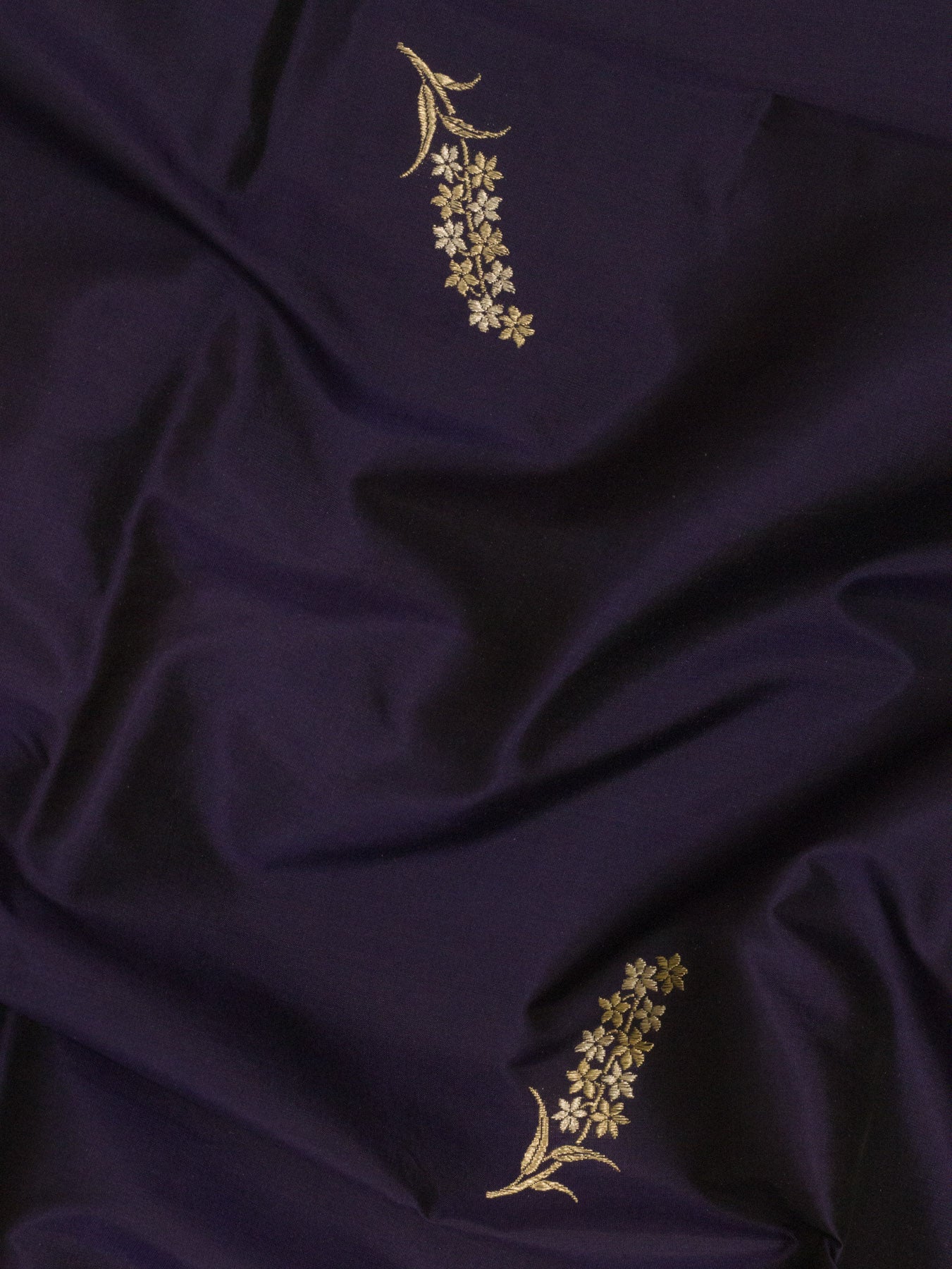 Purple Navy Pure Katan Silk Handloom Kadhwa Saree with Narrow Scallop Border & Gold Silver Floral Zari Buti