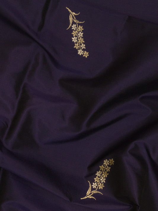 Purple Navy Pure Katan Silk Handloom Kadhwa Saree with Narrow Scallop Border & Gold Silver Floral Zari Buti