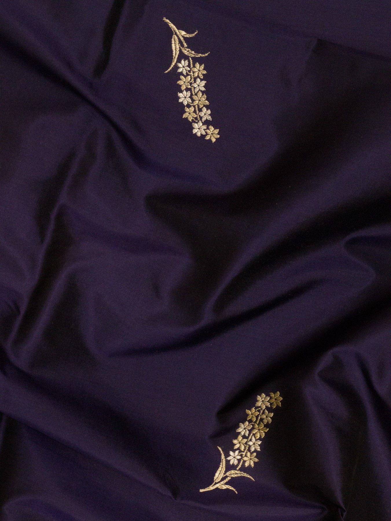 Pure Katan Silk Purple Navy Banarasi Handloom Kadhwa Saree with Narrow Scallop Border & Gold Silver Floral Buti - ZARISPIRE