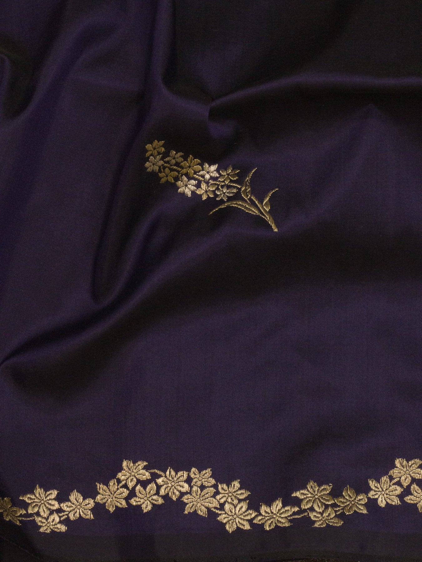 Purple Navy Pure Katan Silk Handloom Kadhwa Saree with Narrow Scallop Border & Gold Silver Floral Zari Buti