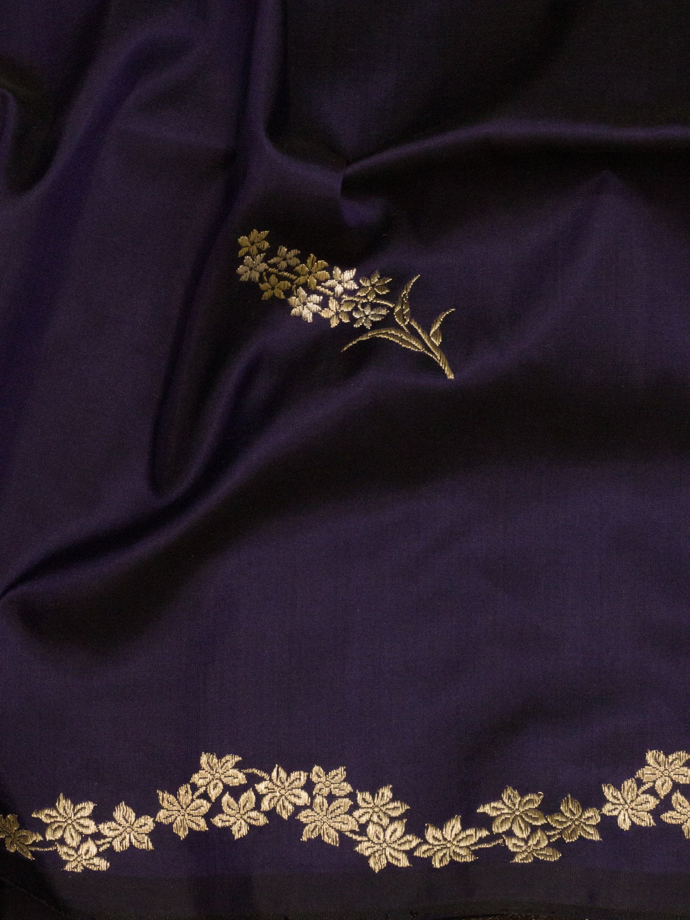 Pure Katan Silk Purple Navy Banarasi Handloom Kadhwa Saree with Narrow Scallop Border & Gold Silver Floral Buti - ZARISPIRE