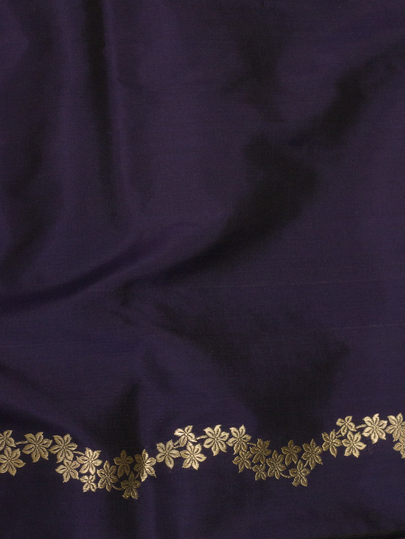 Purple Navy Pure Katan Silk Handloom Kadhwa Saree with Narrow Scallop Border & Gold Silver Floral Zari Buti