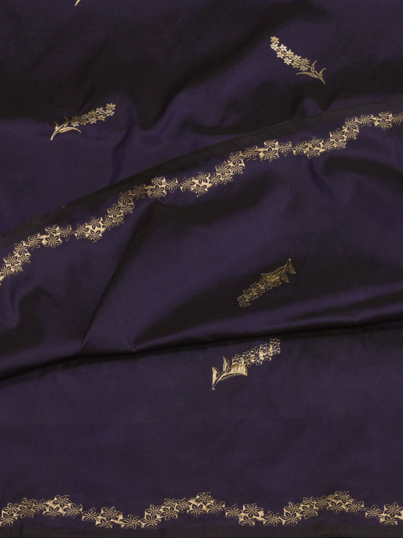 Purple Navy Pure Katan Silk Handloom Kadhwa Saree with Narrow Scallop Border & Gold Silver Floral Zari Buti
