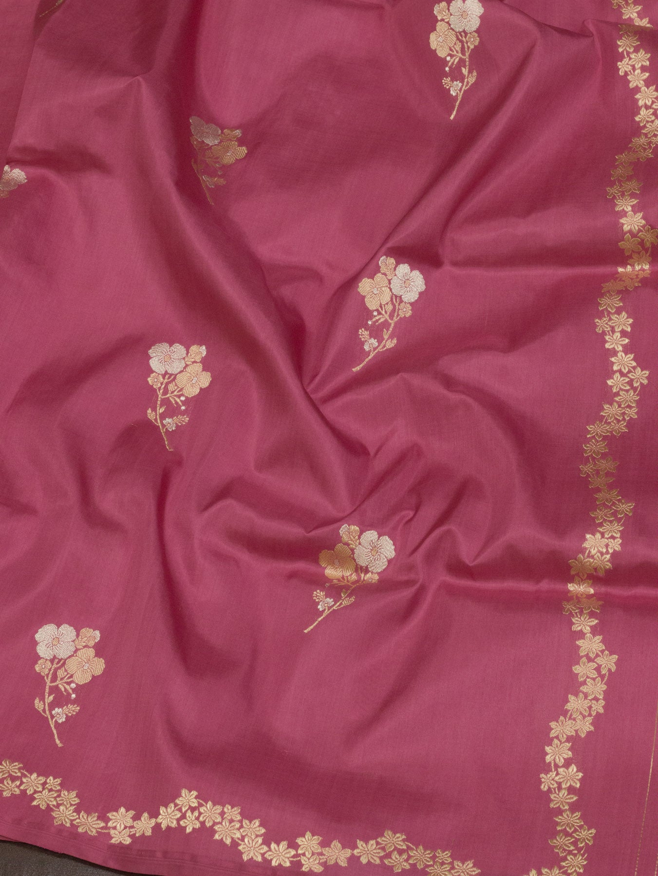 Rose Pink Pure Katan Silk Handloom Kadhwa Saree with Narrow Scallop Border & Gold Silver Floral Zari Buti