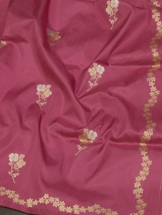 Rose Pink Pure Katan Silk Handloom Kadhwa Saree with Narrow Scallop Border & Gold Silver Floral Zari Buti