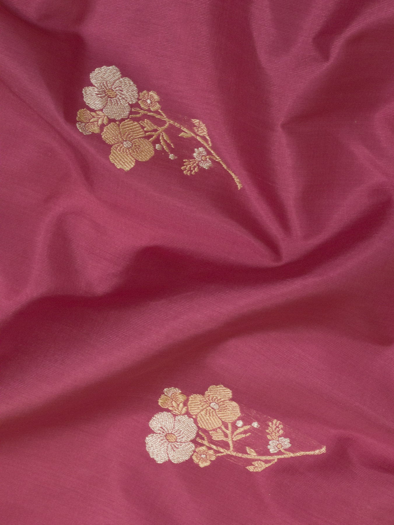 Rose Pink Pure Katan Silk Handloom Kadhwa Saree with Narrow Scallop Border & Gold Silver Floral Zari Buti