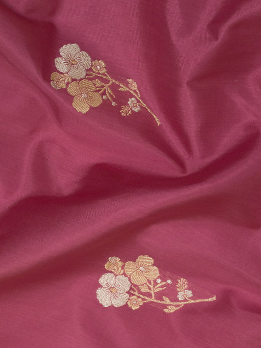 Rose Pink Pure Katan Silk Handloom Kadhwa Saree with Narrow Scallop Border & Gold Silver Floral Zari Buti