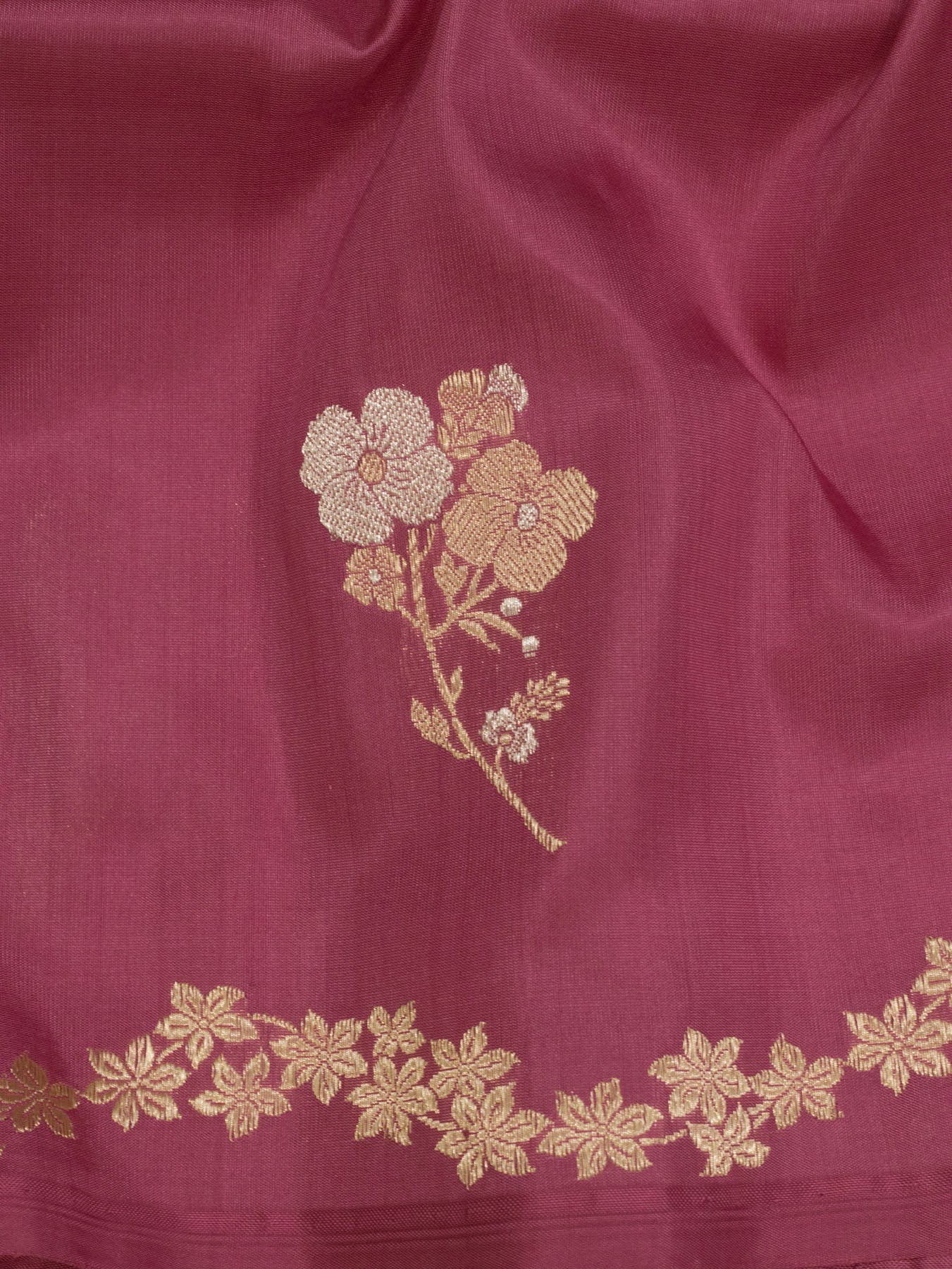 Rose Pink Pure Katan Silk Handloom Kadhwa Saree with Narrow Scallop Border & Gold Silver Floral Zari Buti