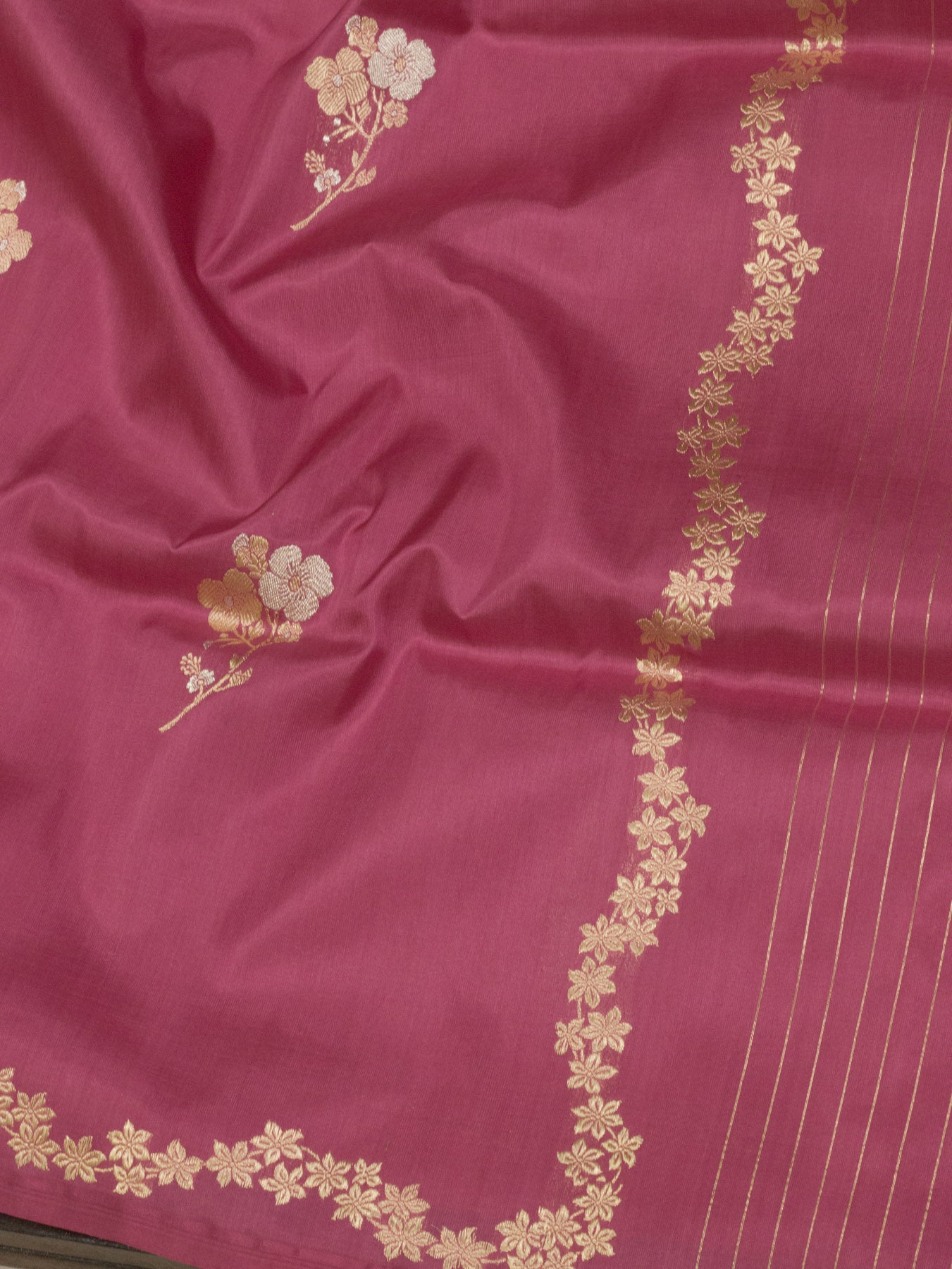 Rose Pink Pure Katan Silk Handloom Kadhwa Saree with Narrow Scallop Border & Gold Silver Floral Zari Buti