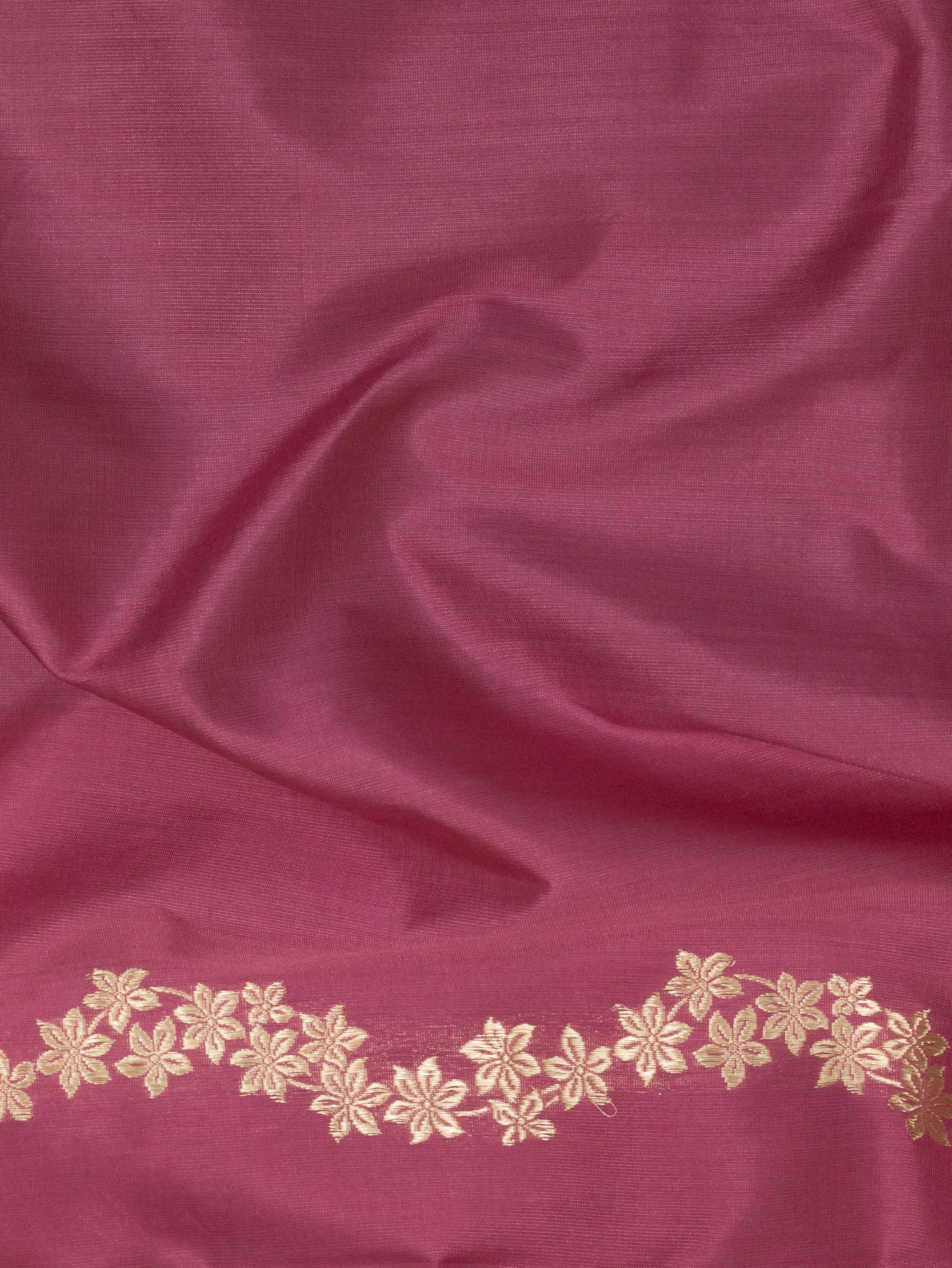 Rose Pink Pure Katan Silk Handloom Kadhwa Saree with Narrow Scallop Border & Gold Silver Floral Zari Buti