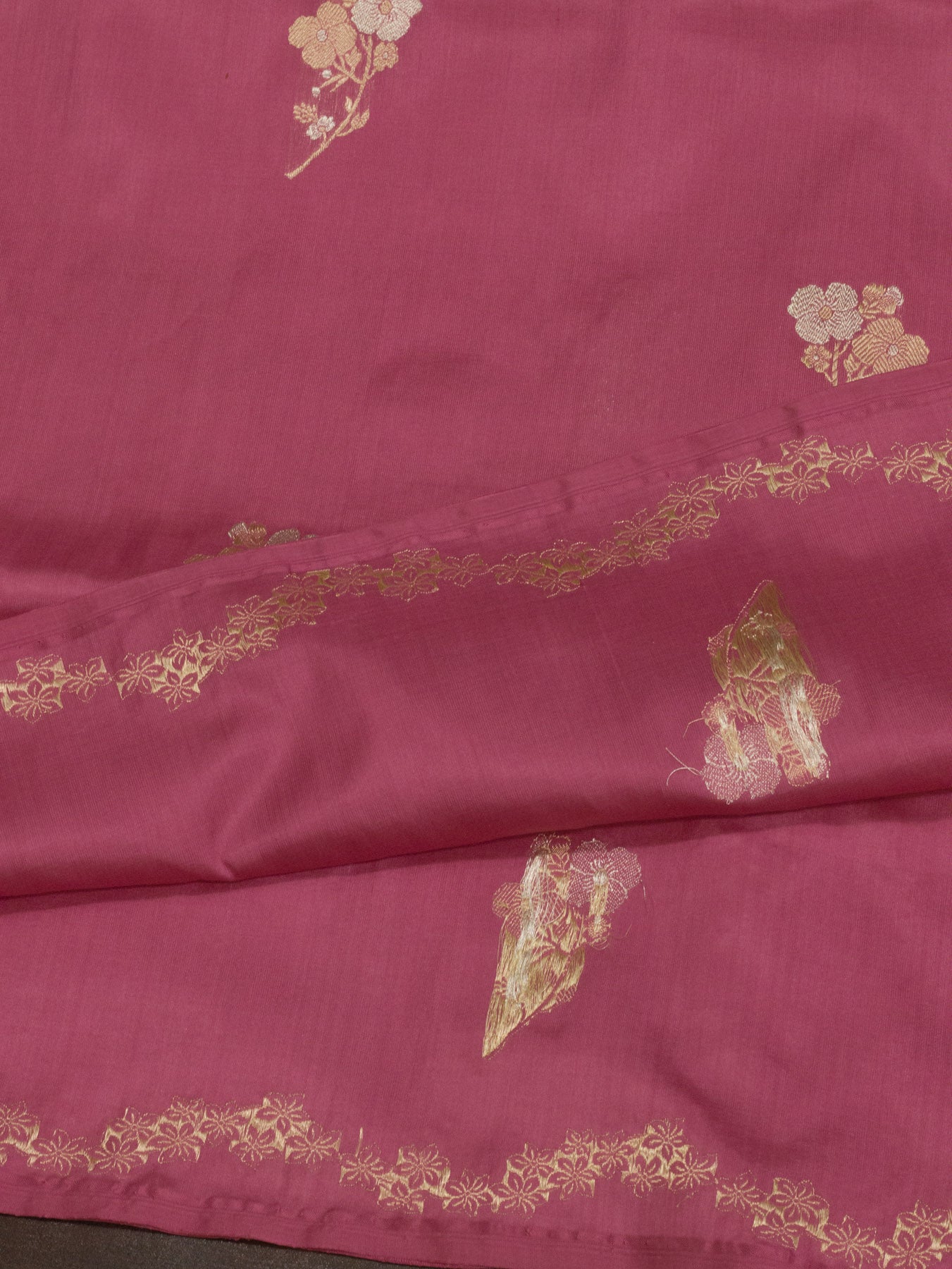 Rose Pink Pure Katan Silk Handloom Kadhwa Saree with Narrow Scallop Border & Gold Silver Floral Zari Buti