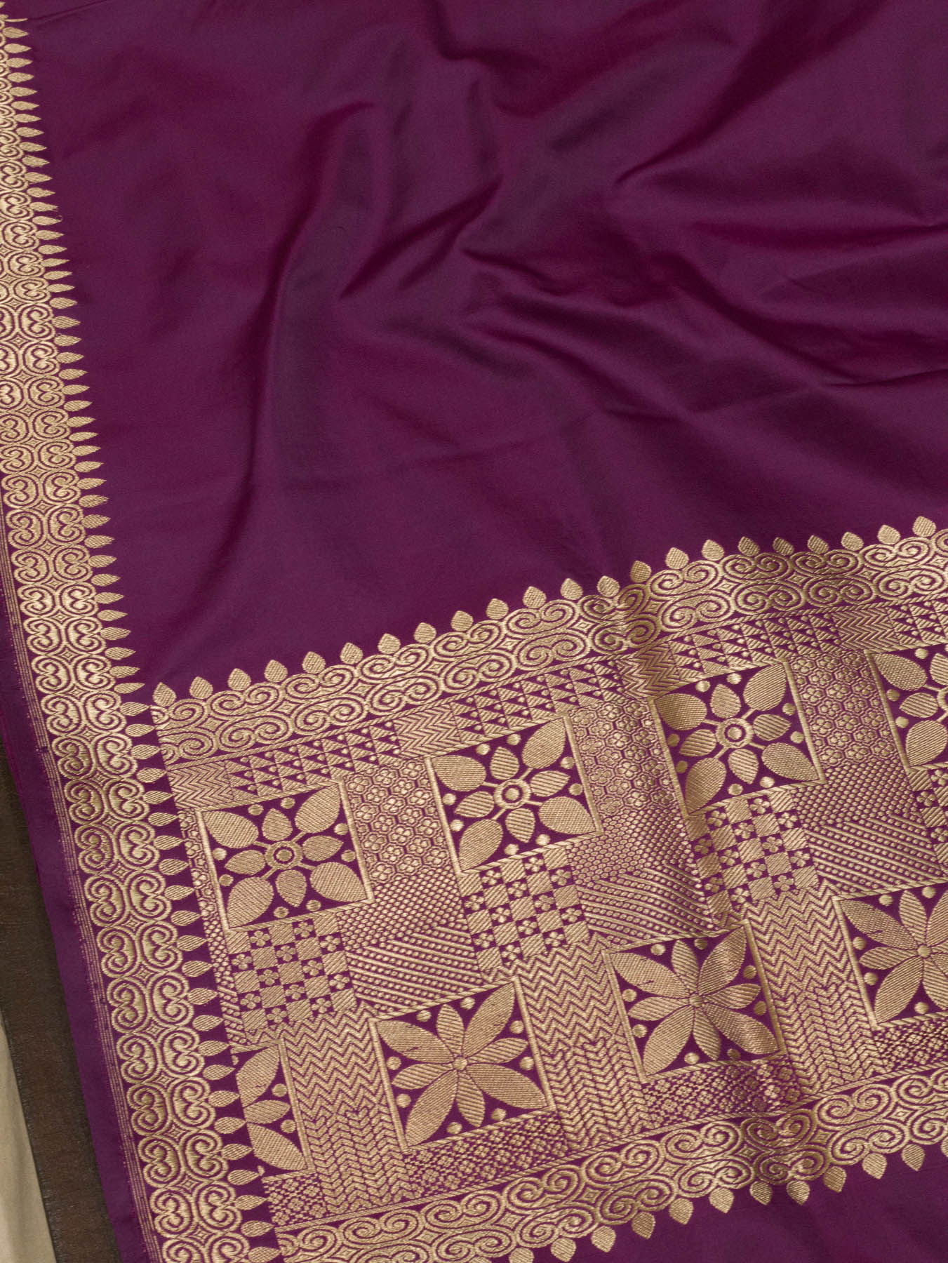 Magenta Pure Satin Silk Handloom Plain Saree with Kadhwa Gold Zari Geometric Pallu & Vasket Brocade Blouse