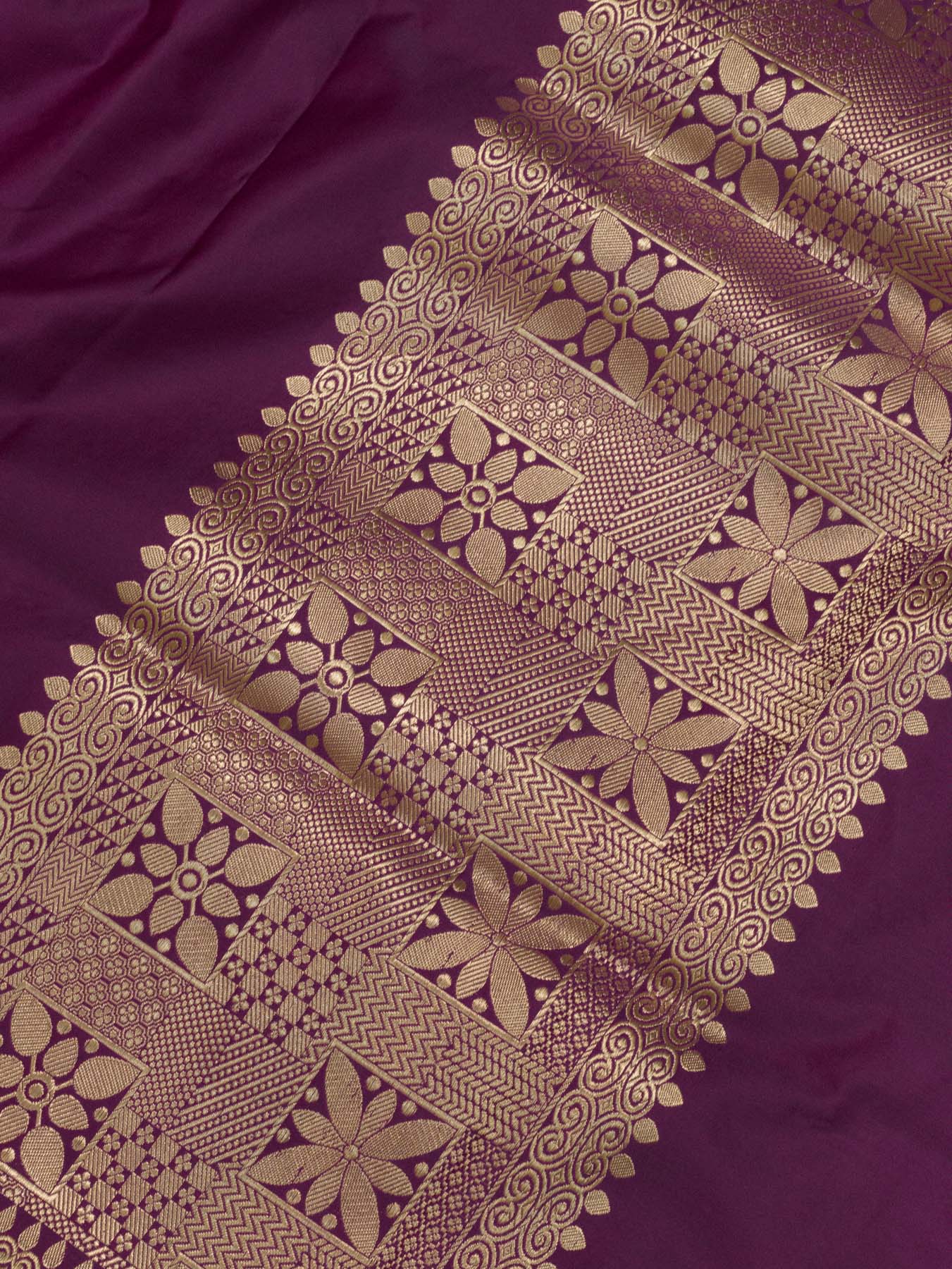 Magenta Pure Satin Silk Handloom Plain Saree with Kadhwa Gold Zari Geometric Pallu & Vasket Brocade Blouse