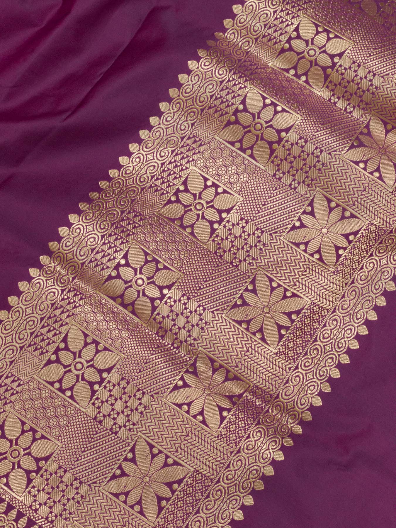 Pure Satin Silk Magenta Banarasi Handloom Plain Saree with Kadhwa Gold Zari Geometric Pallu & Vasket Brocade - ZARISPIRE