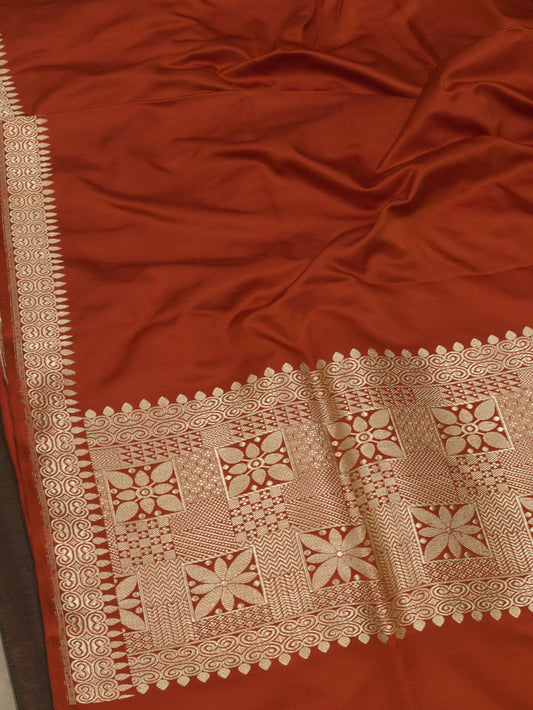 Bright Red Pure Satin Silk Handloom Plain Saree with Kadhwa Gold Zari Geometric Pallu & Vasket Brocade Blouse