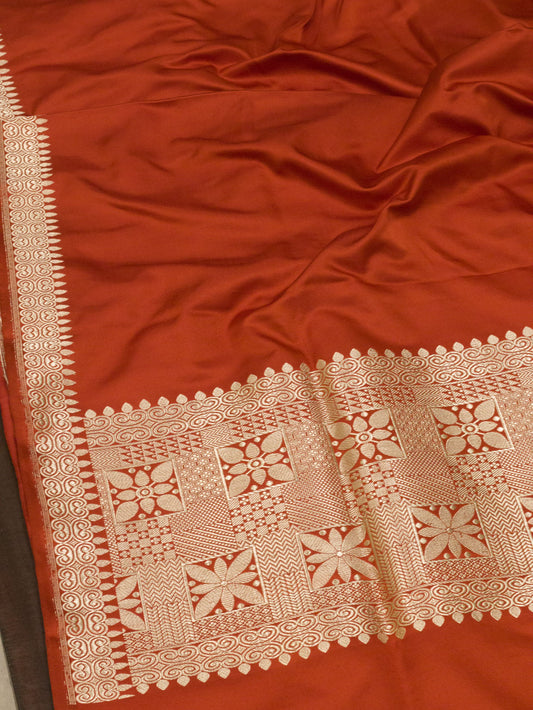 Bright Red Pure Satin Silk Handloom Plain Saree with Kadhwa Gold Zari Geometric Pallu & Vasket Brocade Blouse