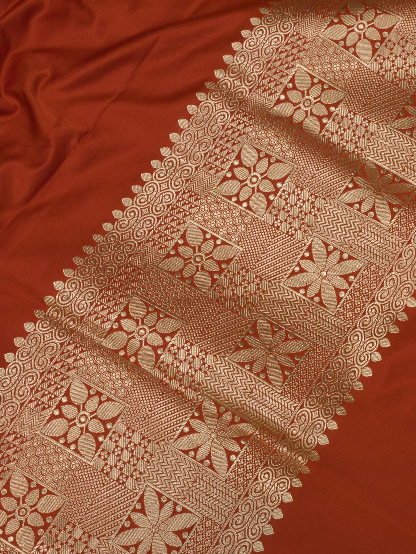 Bright Red Pure Satin Silk Handloom Plain Saree with Kadhwa Gold Zari Geometric Pallu & Vasket Brocade Blouse