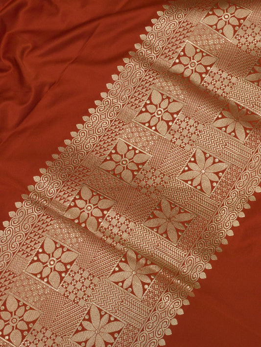 Bright Red Pure Satin Silk Handloom Plain Saree with Kadhwa Gold Zari Geometric Pallu & Vasket Brocade Blouse