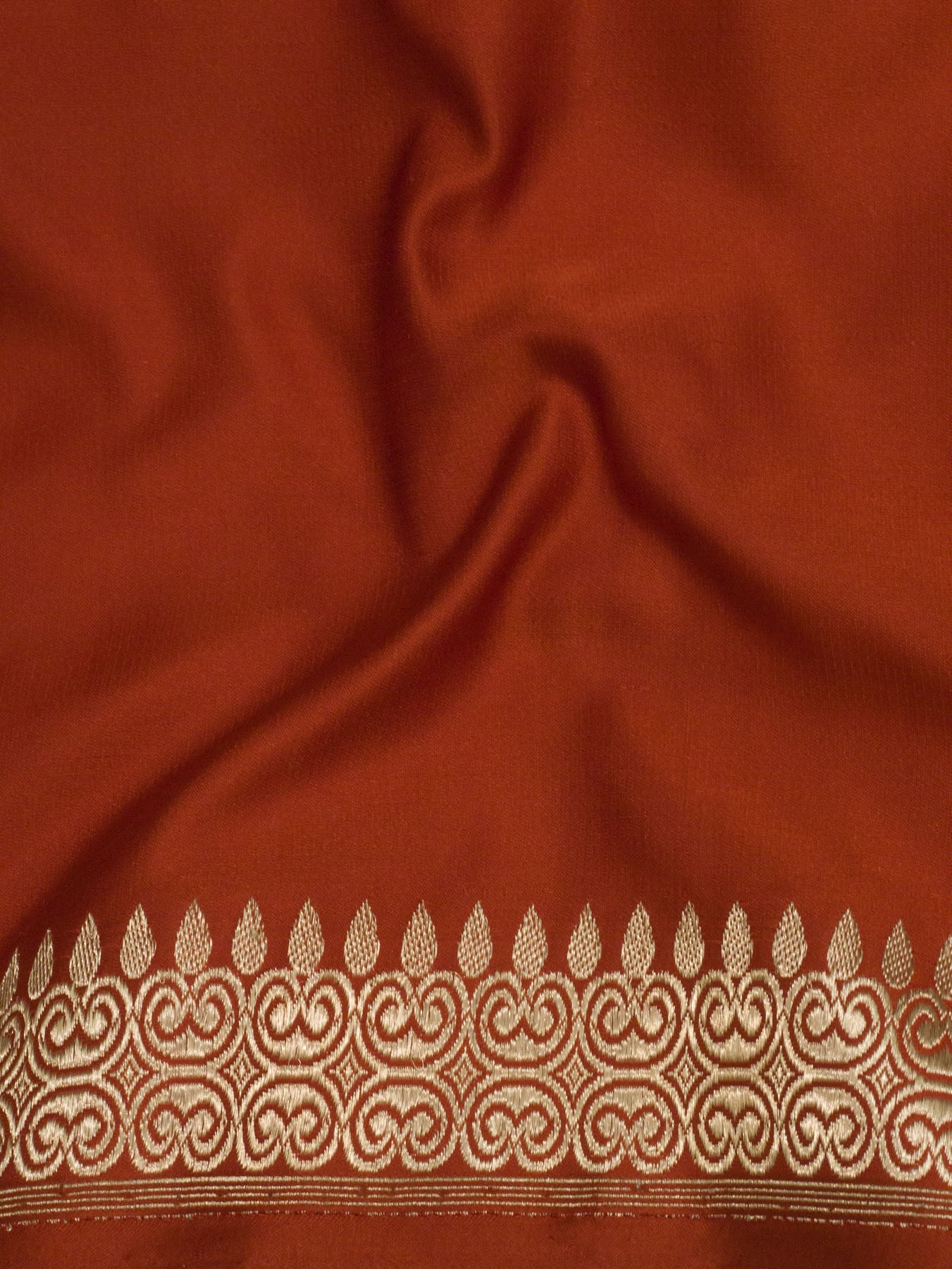 Bright Red Pure Satin Silk Handloom Plain Saree with Kadhwa Gold Zari Geometric Pallu & Vasket Brocade Blouse