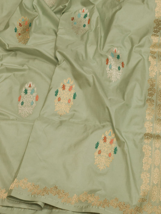 Sea Green Pure Katan Naqshi Satin Silk Handloom Saree with Kadhwa Tilfi Meenakari Gold & Silver Zari Buti