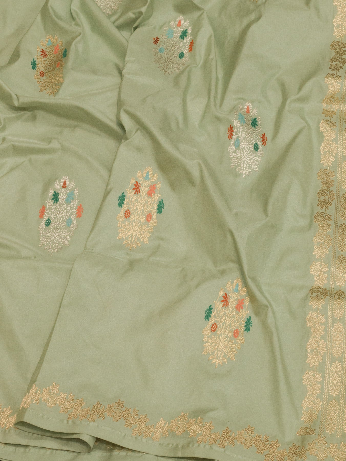 Pure Katan Silk Silver Banarasi Sea Green Katan Naqshi Satin Silk Handloom Saree with Kadhwa Tilfi Meenakari - ZARISPIRE