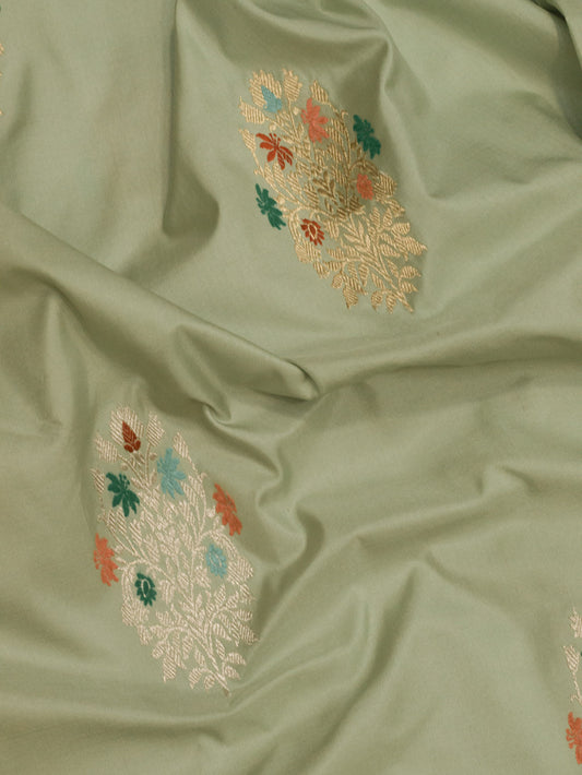 Sea Green Pure Katan Naqshi Satin Silk Handloom Saree with Kadhwa Tilfi Meenakari Gold & Silver Zari Buti