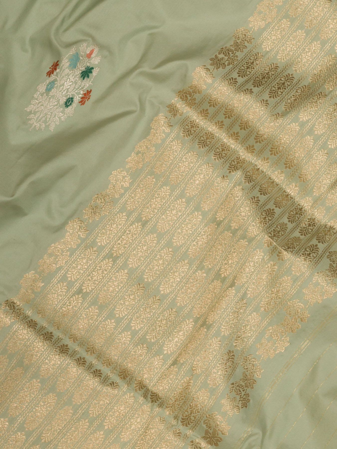Sea Green Pure Katan Naqshi Satin Silk Handloom Saree with Kadhwa Tilfi Meenakari Gold & Silver Zari Buti