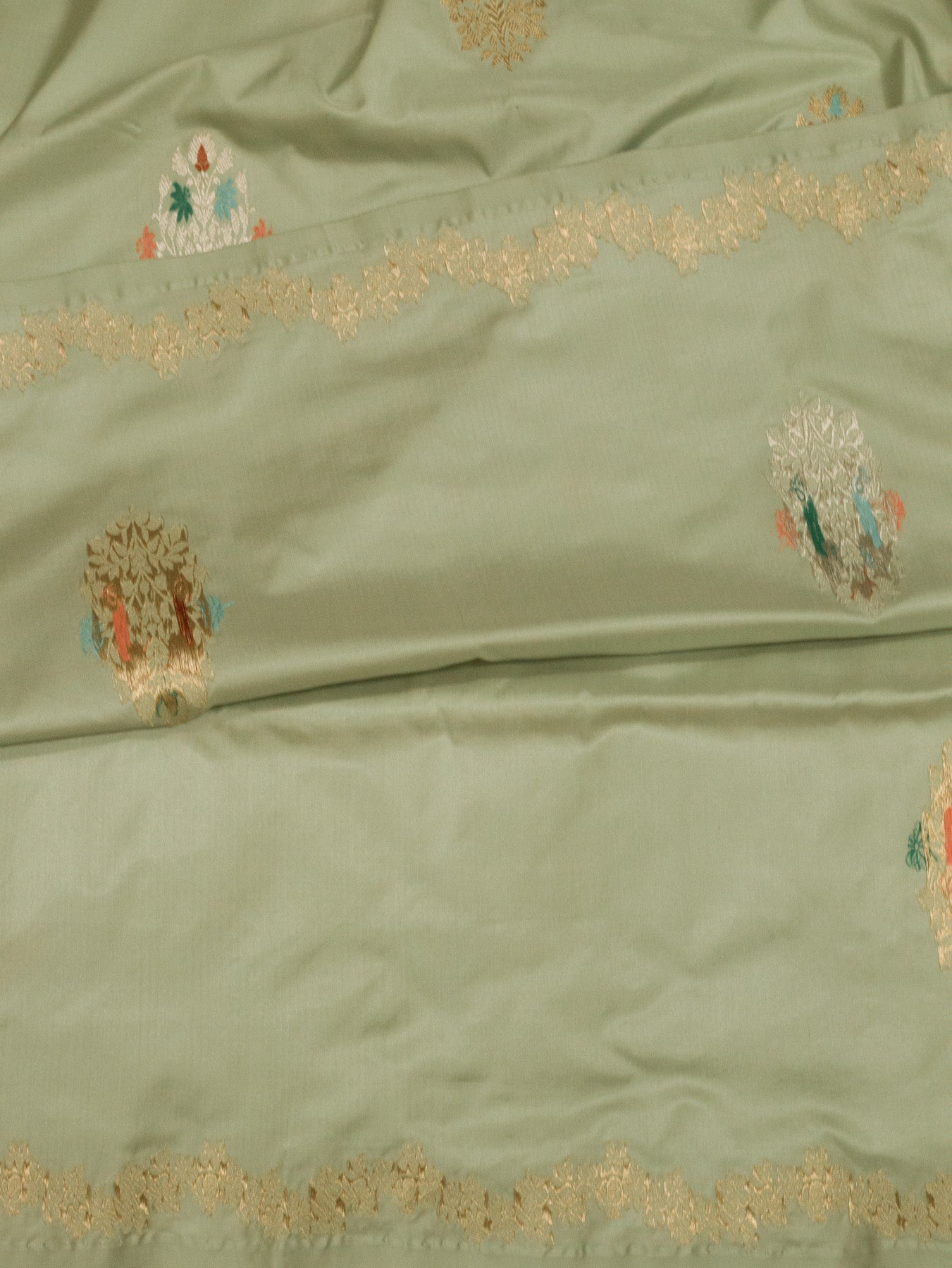 Sea Green Pure Katan Naqshi Satin Silk Handloom Saree with Kadhwa Tilfi Meenakari Gold & Silver Zari Buti