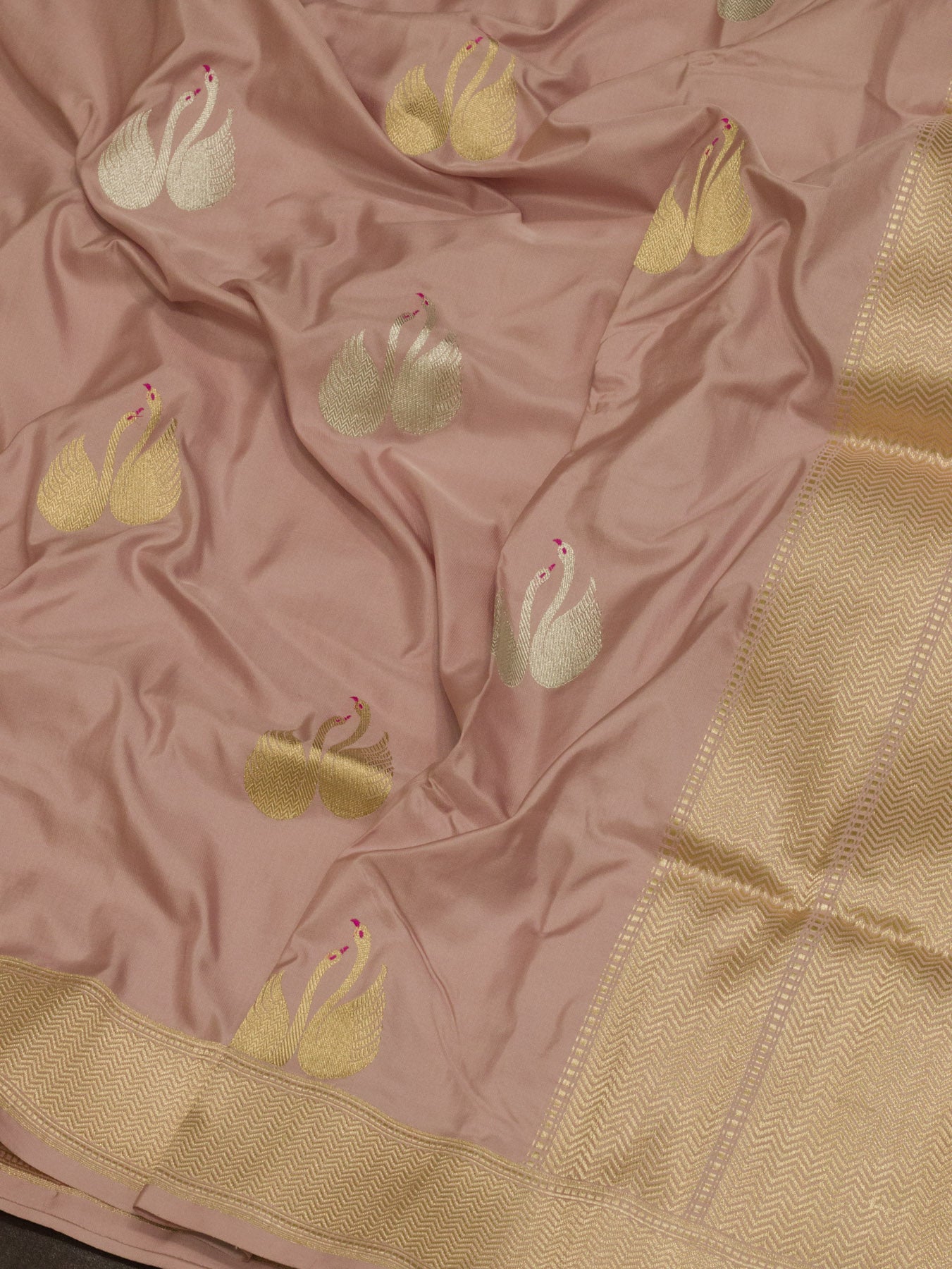 Light Pink Pure Katan Naqshi Satin Silk Handloom Saree with Kadhwa Tilfi Meenakari Gold & Silver Shikargah Zari Buti