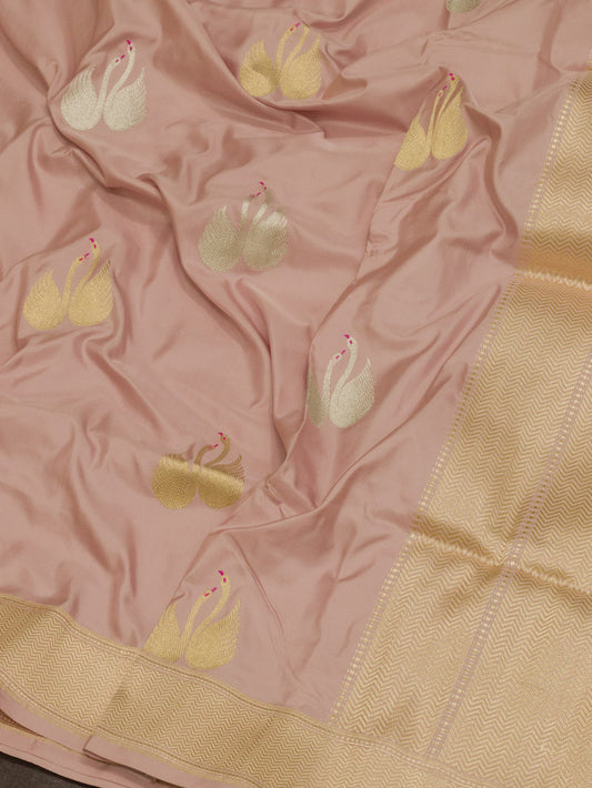 Light Pink Pure Katan Naqshi Satin Silk Handloom Saree with Kadhwa Tilfi Meenakari Gold & Silver Shikargah Zari Buti