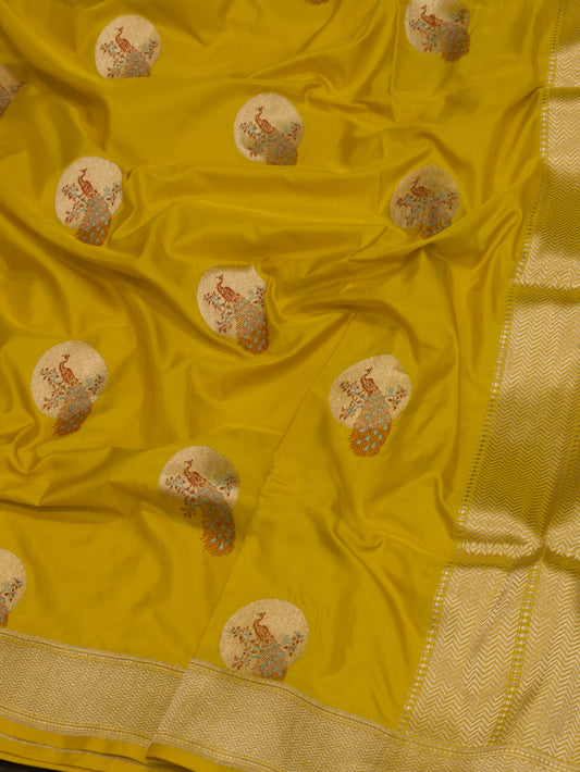 Yellow Pure Katan Naqshi Satin Silk Handloom Saree with Kadhwa Tilfi Meenakari Gold Shikargah Zari Buti