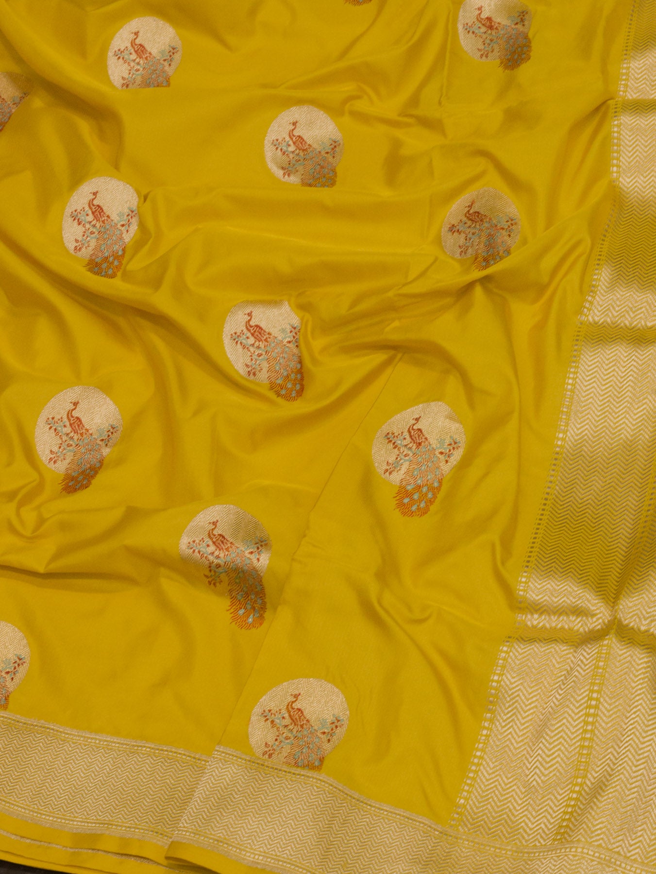 Pure Katan Silk Yellow Banarasi Katan Naqshi Satin Silk Handloom Saree with Kadhwa Tilfi Meenakari Gold - ZARISPIRE