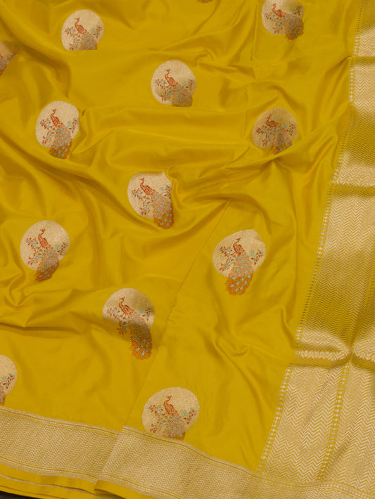 Yellow Pure Katan Naqshi Satin Silk Handloom Saree with Kadhwa Tilfi Meenakari Gold Shikargah Zari Buti