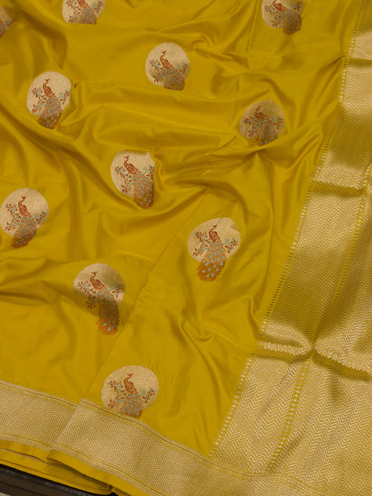 Yellow Pure Katan Naqshi Satin Silk Handloom Saree with Kadhwa Tilfi Meenakari Gold Shikargah Zari Buti