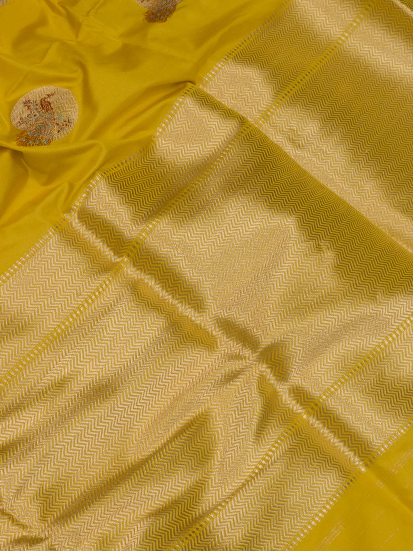 Yellow Pure Katan Naqshi Satin Silk Handloom Saree with Kadhwa Tilfi Meenakari Gold Shikargah Zari Buti