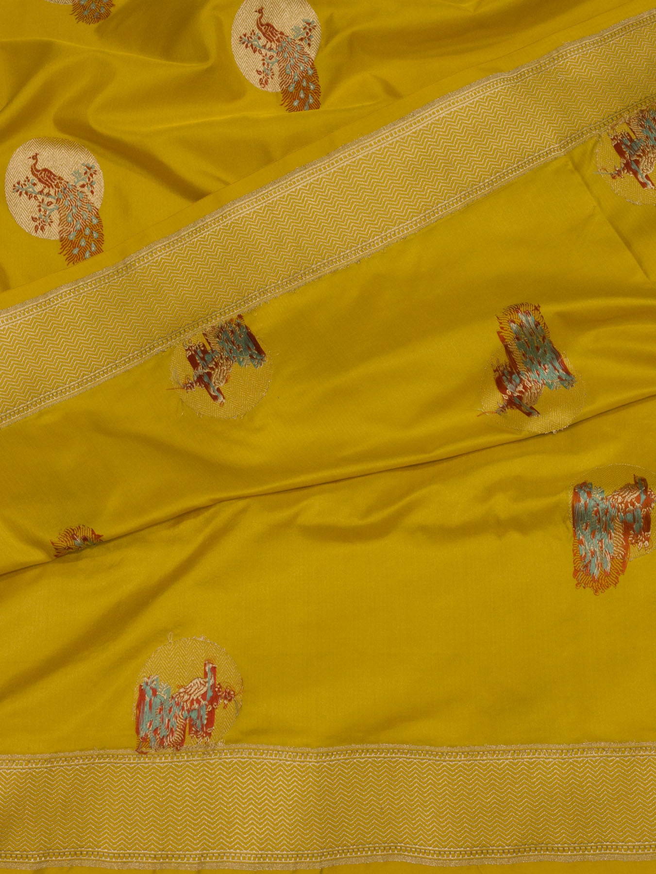 Yellow Pure Katan Naqshi Satin Silk Handloom Saree with Kadhwa Tilfi Meenakari Gold Shikargah Zari Buti