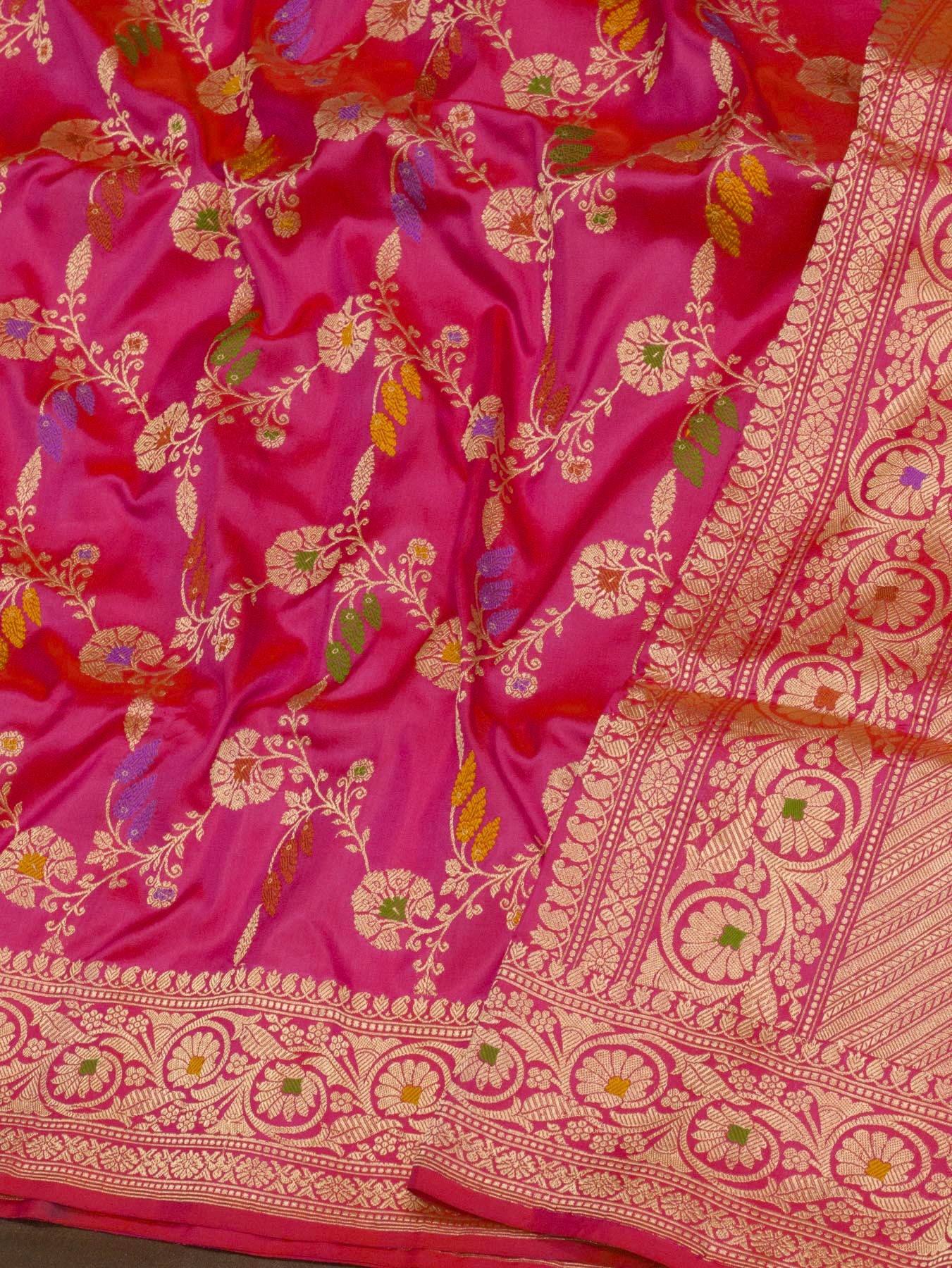 Pure Katan Silk Pink Banarasi Saree with Kadhwa Jangla weaving and Gold Zari Tilfi Meenakari artistry - close-up - ZARISPIRE