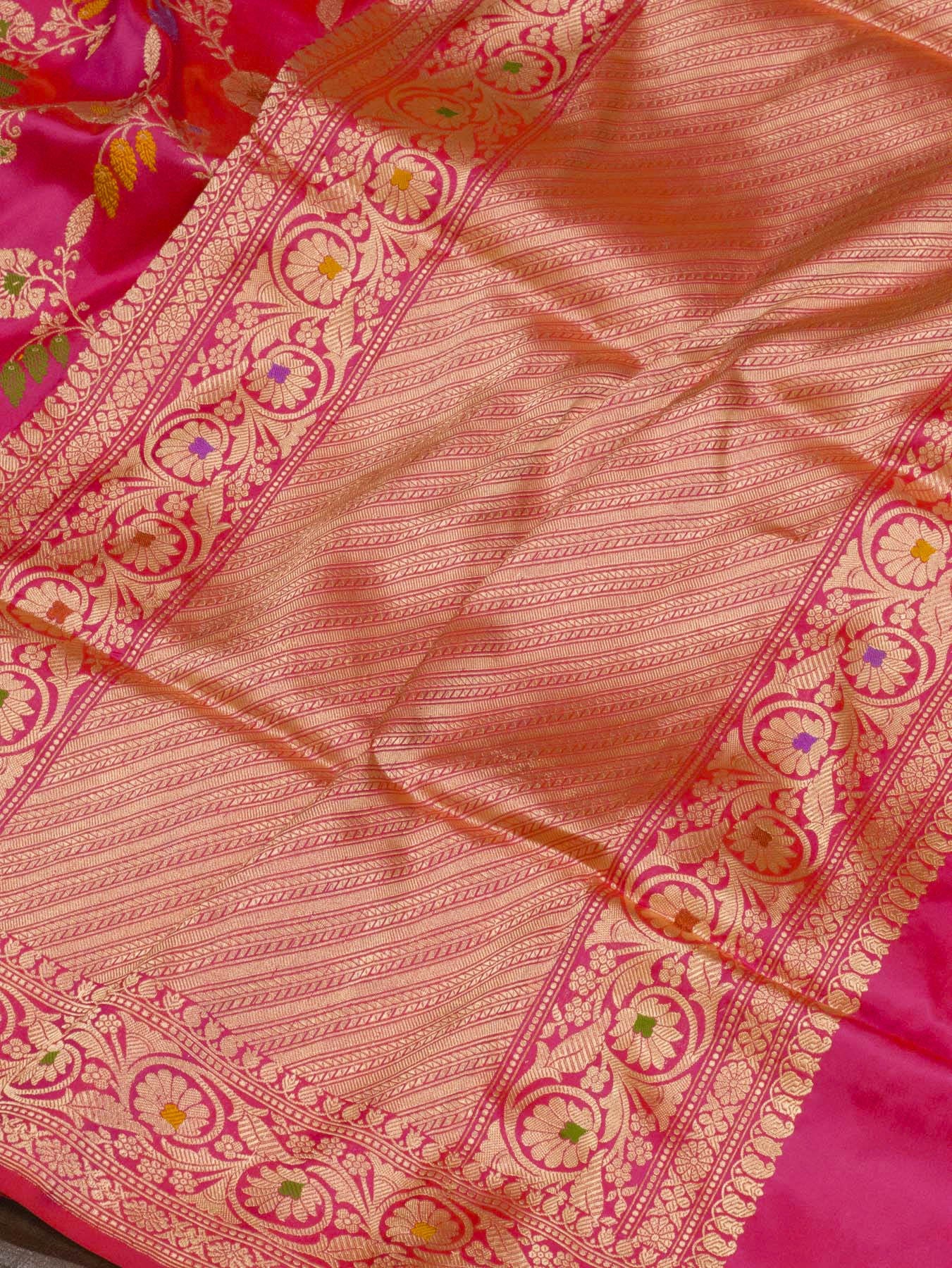 Pure Katan Silk Pink Banarasi Saree with Kadhwa Jangla weaving and Gold Zari Tilfi Meenakari artistry - close-up - ZARISPIRE