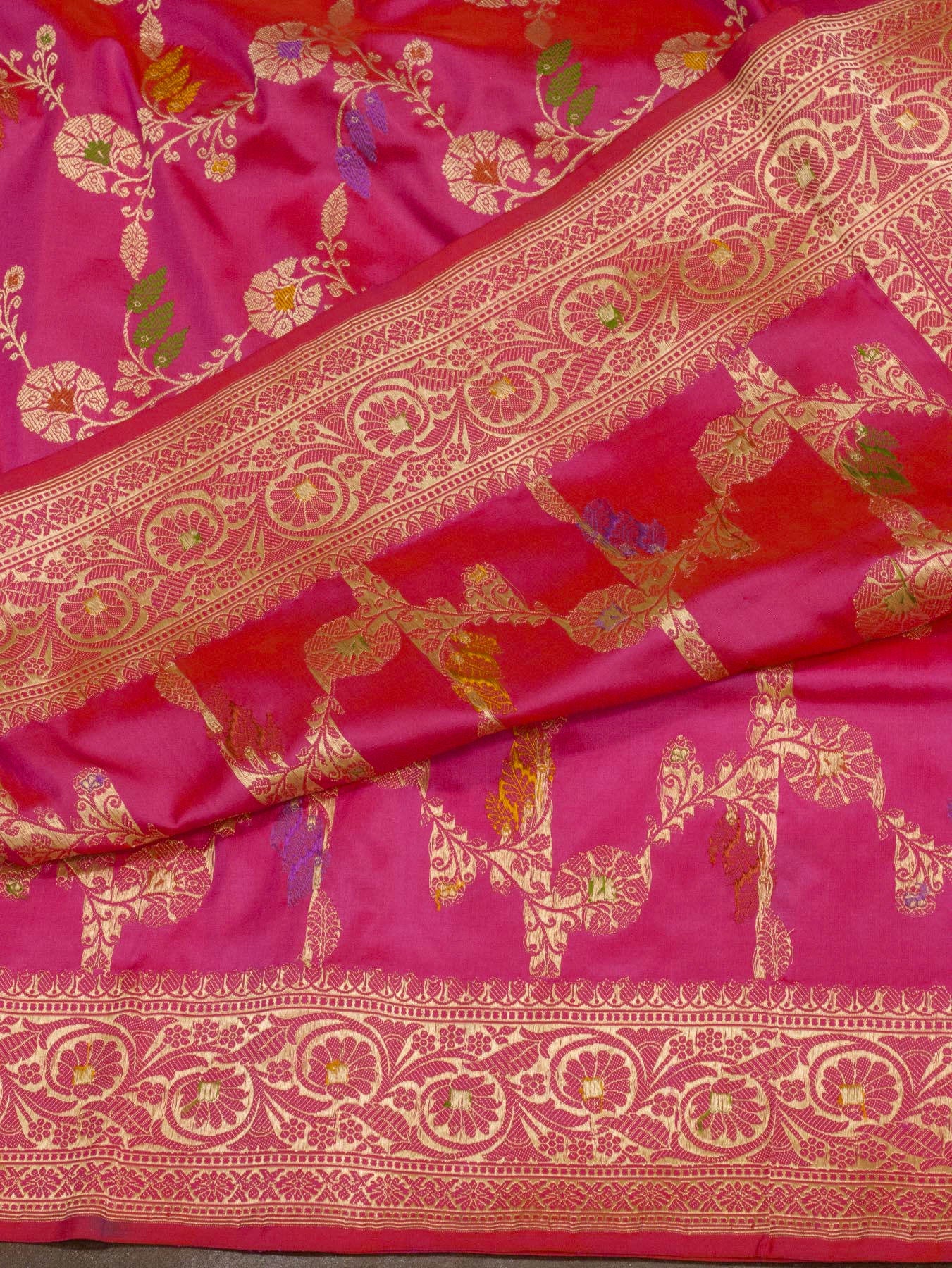 Pure Katan Silk Pink Banarasi Saree with Kadhwa Jangla weaving and Gold Zari Tilfi Meenakari artistry - close-up - ZARISPIRE