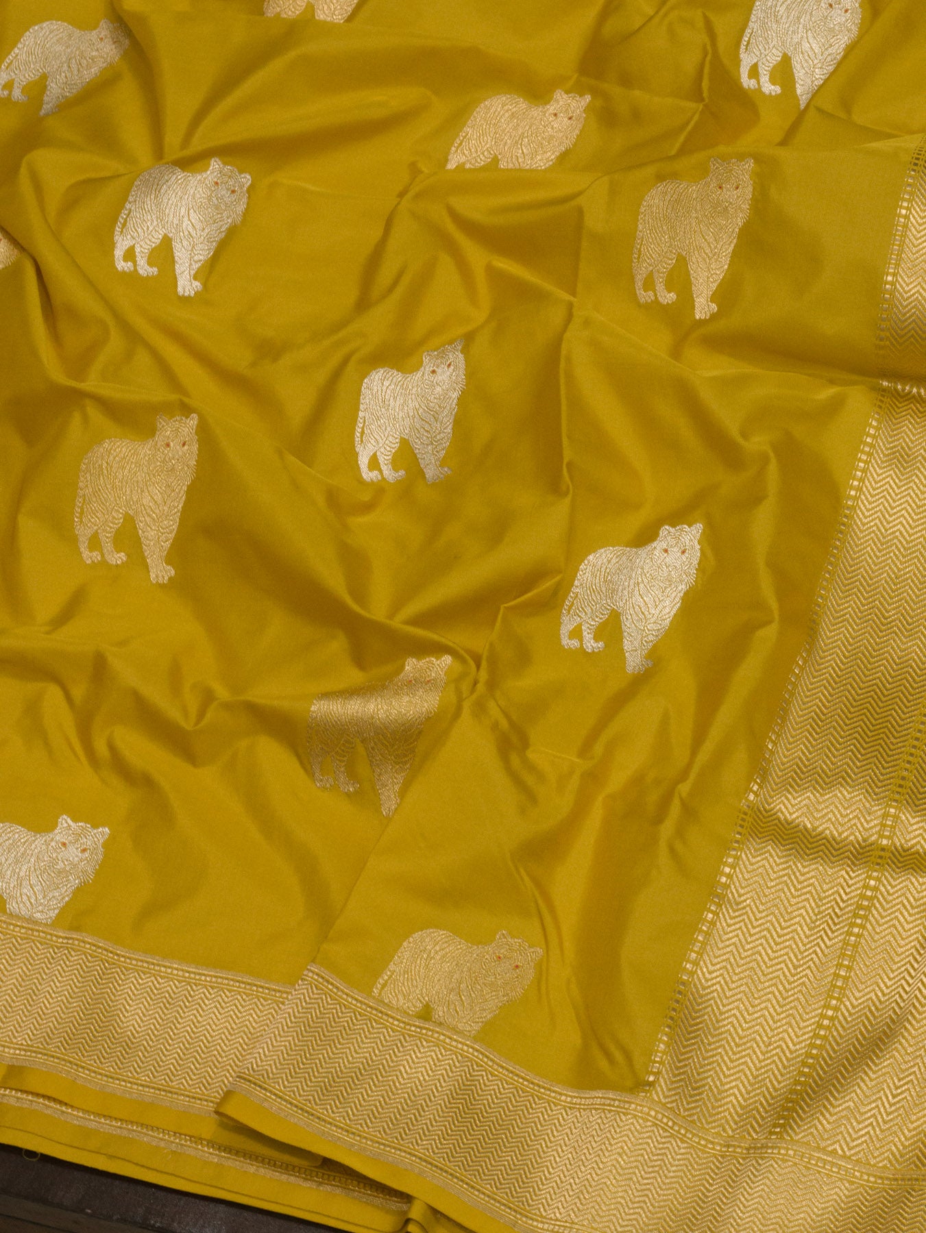 Honey Yellow Pure Katan Naqshi Satin Silk Handloom Saree with Kadhwa Tilfi Meenakari Gold & Silver Shikargah Zari Buti