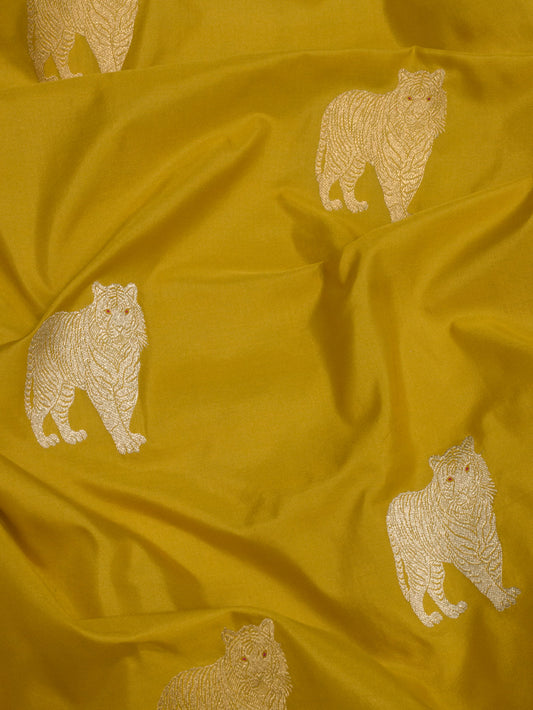 Honey Yellow Pure Katan Naqshi Satin Silk Handloom Saree with Kadhwa Tilfi Meenakari Gold & Silver Shikargah Zari Buti