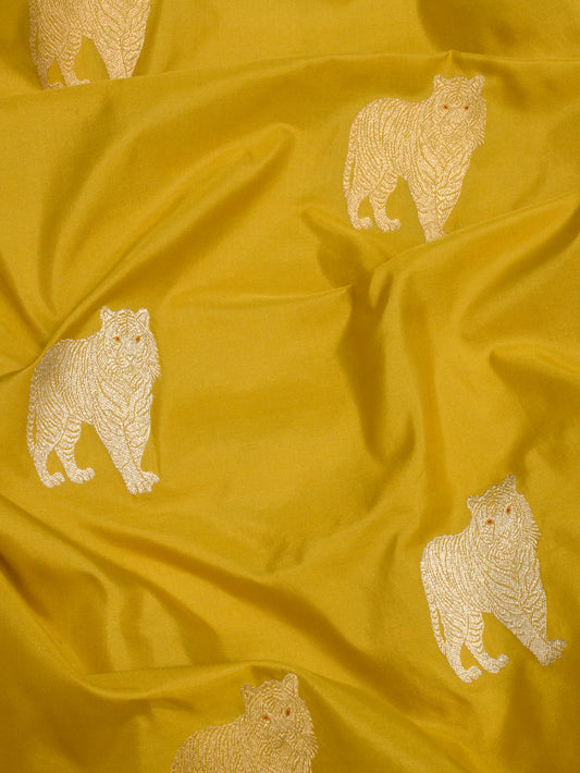 Honey Yellow Pure Katan Naqshi Satin Silk Handloom Saree with Kadhwa Tilfi Meenakari Gold & Silver Shikargah Zari Buti
