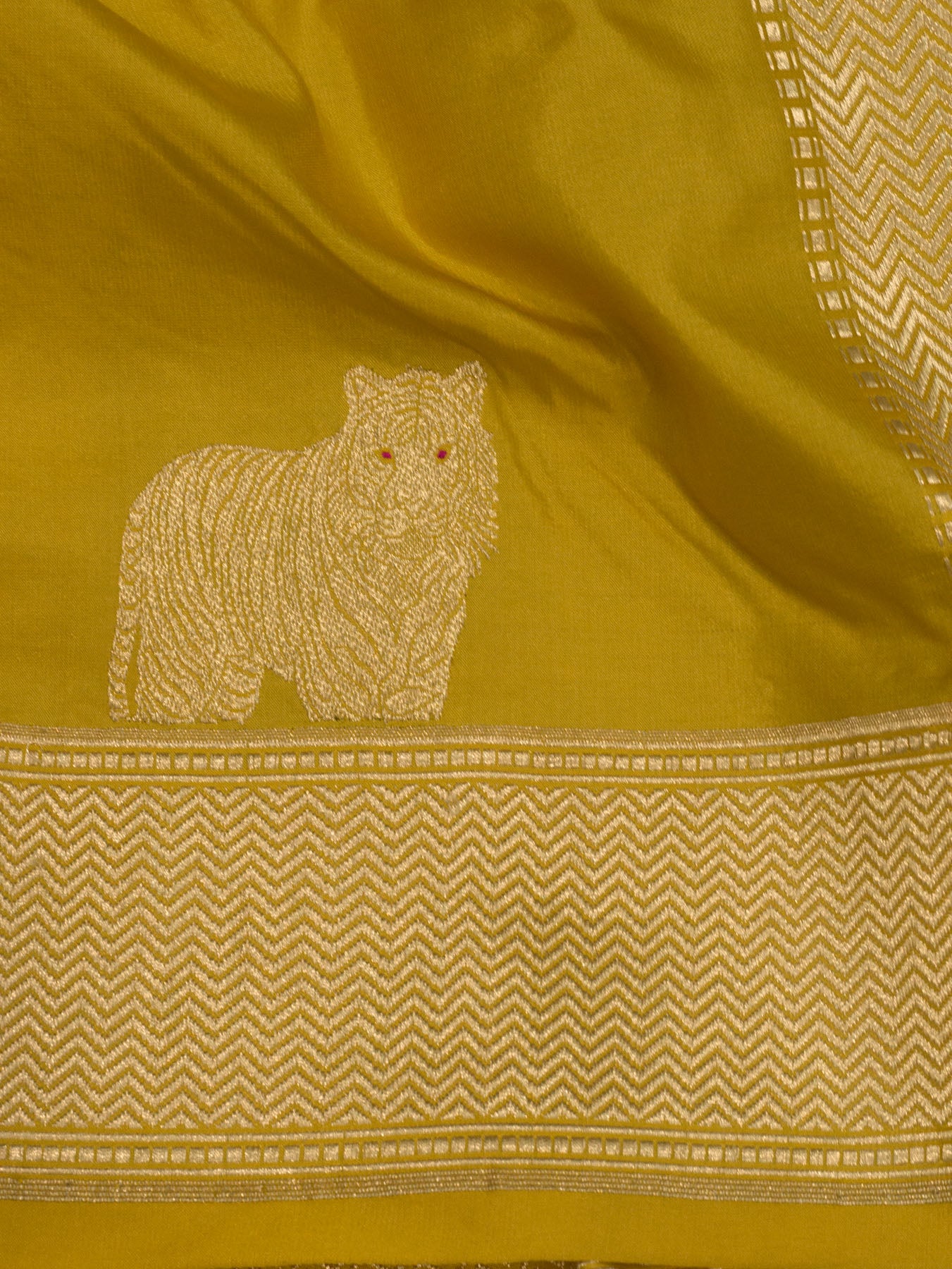 Honey Yellow Pure Katan Naqshi Satin Silk Handloom Saree with Kadhwa Tilfi Meenakari Gold & Silver Shikargah Zari Buti