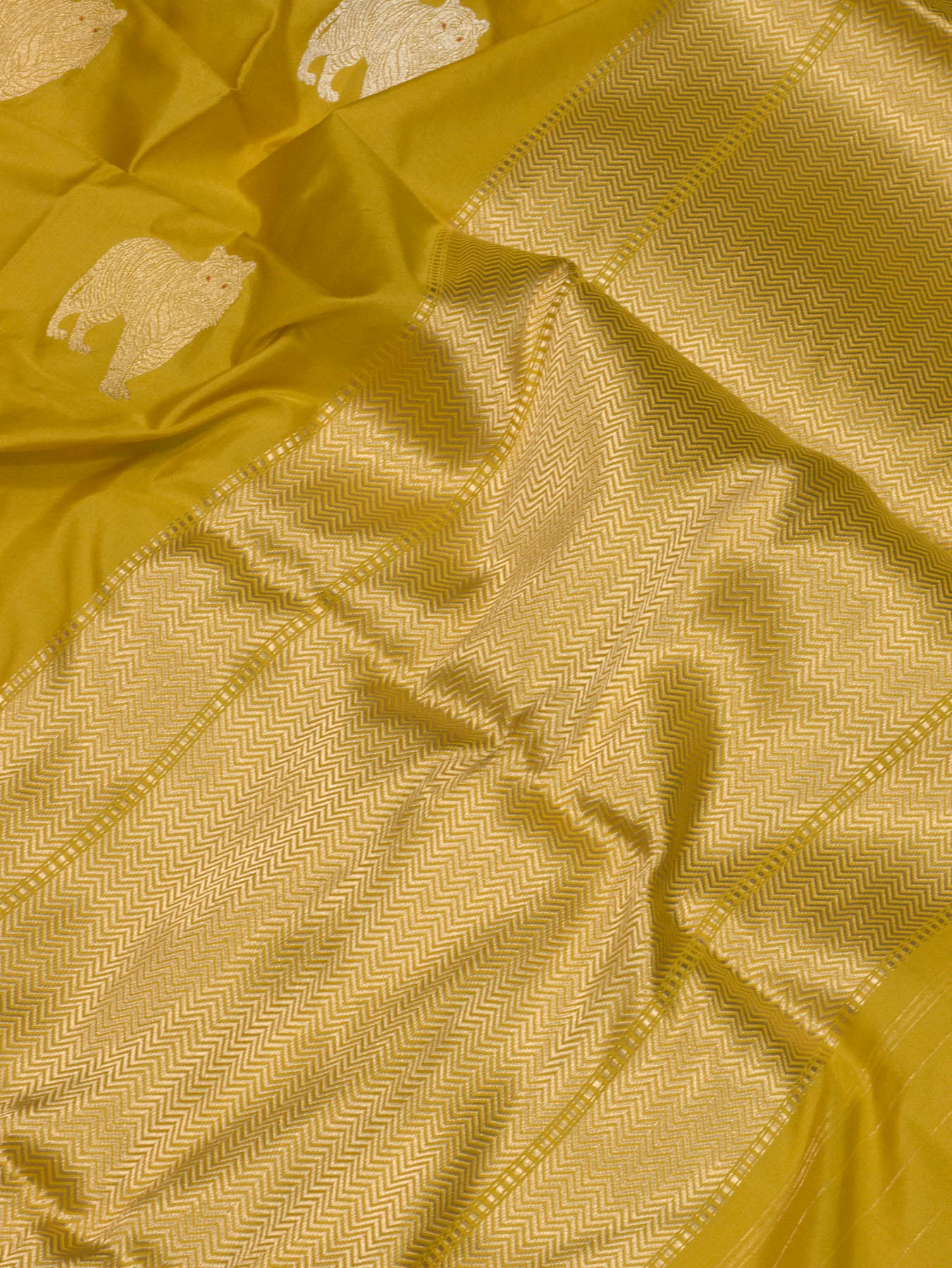 Honey Yellow Pure Katan Naqshi Satin Silk Handloom Saree with Kadhwa Tilfi Meenakari Gold & Silver Shikargah Zari Buti