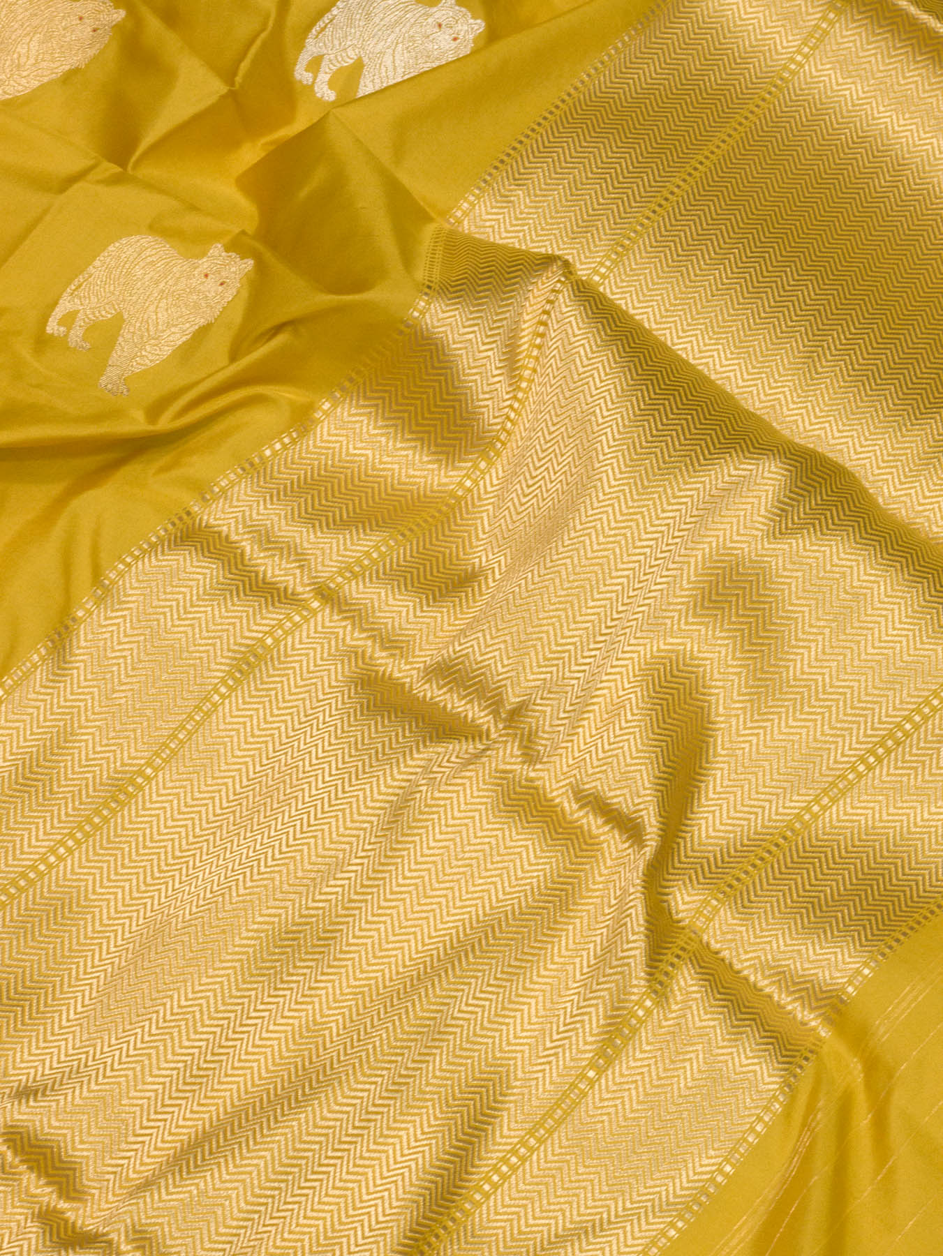 Pure Katan Naqshi Satin Silk Honey Yellow Banarasi Exquisitely woven with Kadhwa Tilfi Meenakari Gold & Silver - ZARISPIRE