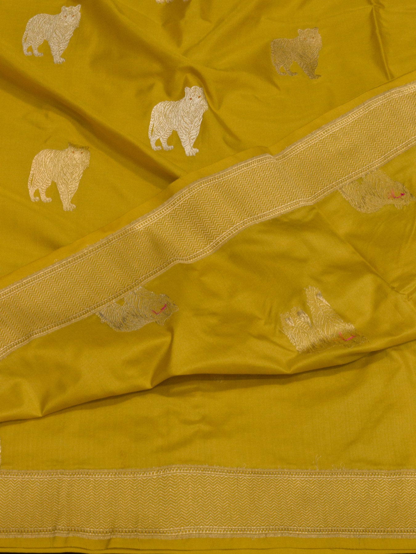 Honey Yellow Pure Katan Naqshi Satin Silk Handloom Saree with Kadhwa Tilfi Meenakari Gold & Silver Shikargah Zari Buti