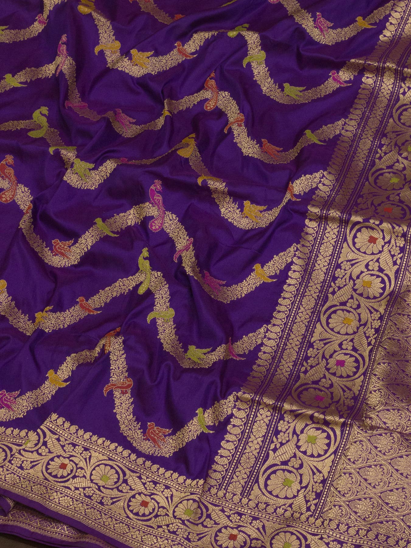 Purple Pure Katan Silk Handloom Saree with Kadhwa Shikargah Jangla Gold Zari Tilfi Meenakari