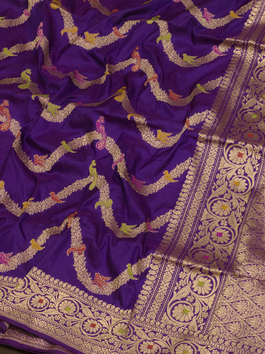 Purple Pure Katan Silk Handloom Saree with Kadhwa Shikargah Jangla Gold Zari Tilfi Meenakari