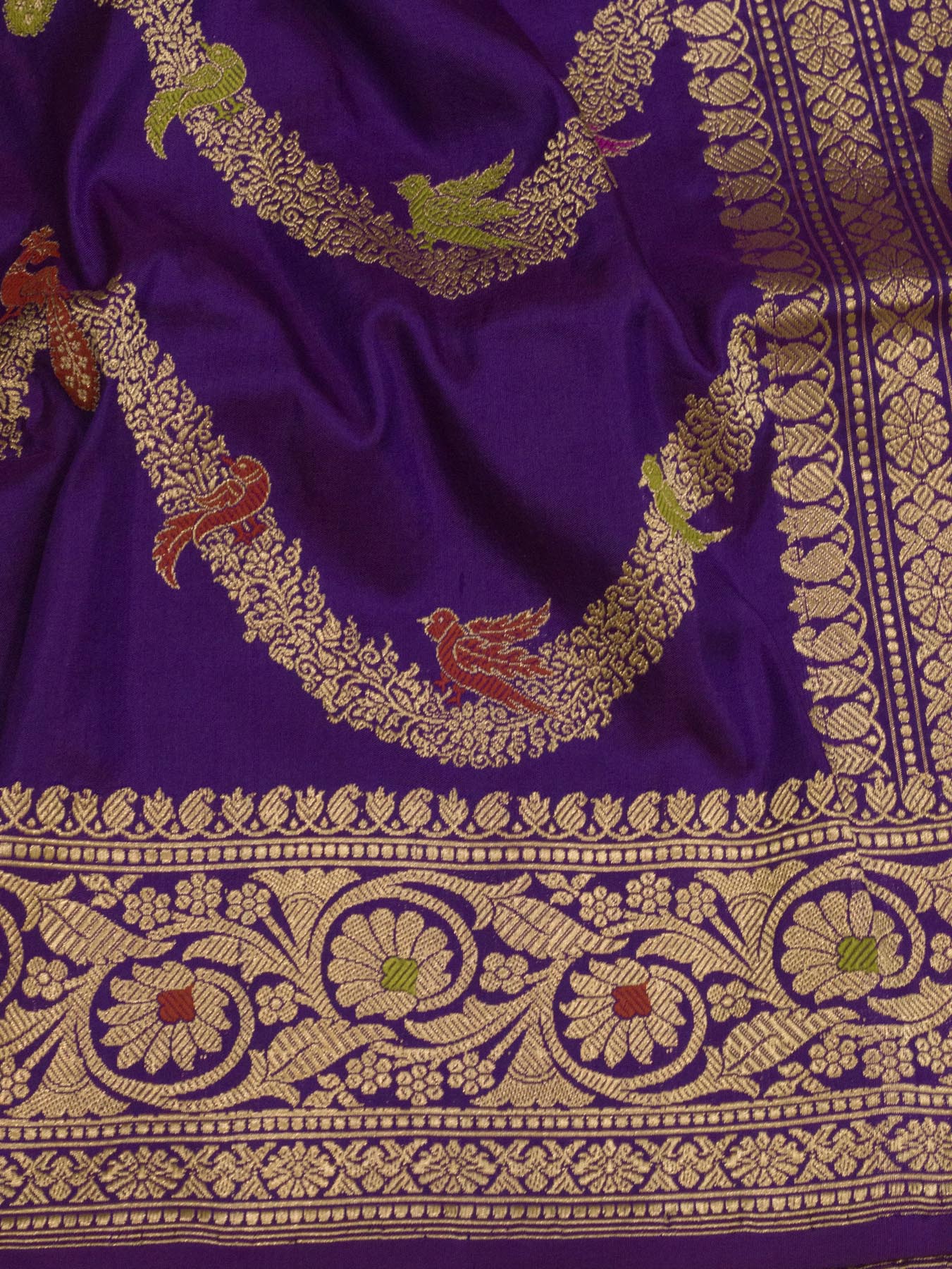 Purple Pure Katan Silk Handloom Saree with Kadhwa Shikargah Jangla Gold Zari Tilfi Meenakari